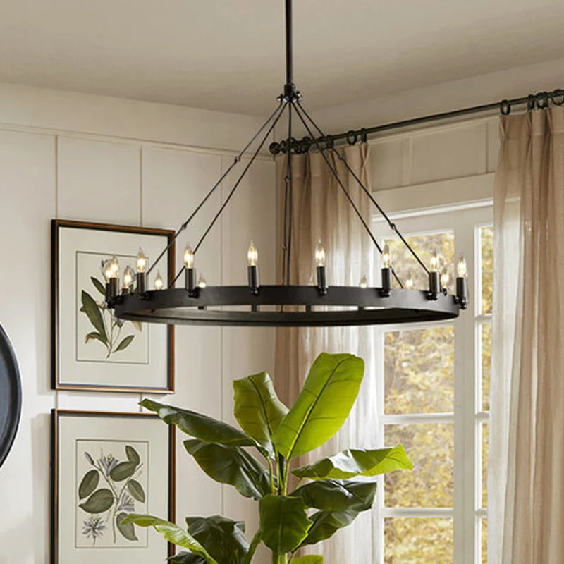 12/18-lichts ronde hangende kroonluchter Traditionele zwarte metalen hanglamp met kaarsontwerp Clearhalo