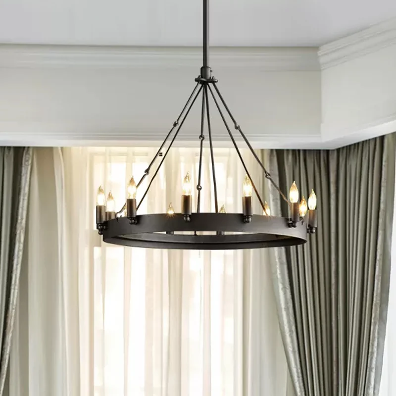 12/18-lichts ronde hangende kroonluchter Traditionele zwarte metalen hanglamp met kaarsontwerp Clearhalo