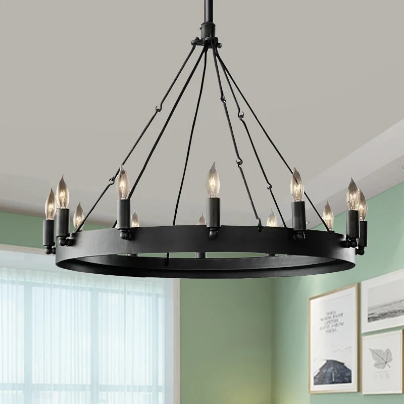 12/18-lichts ronde hangende kroonluchter Traditionele zwarte metalen hanglamp met kaarsontwerp Clearhalo