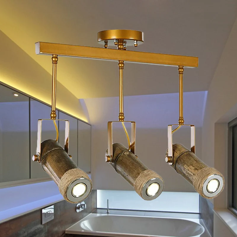 1/2/3-Light Tube Semi Flush Light Lodge Stijlvol verstelbaar plafondarmatuur van hout, metaal en bamboe voor restaurants C...