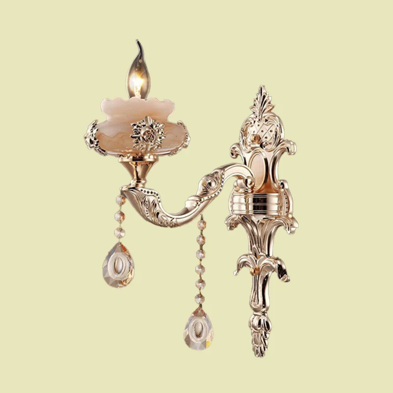 1/2-Head K9 Crystal Sconce Lamp Traditionele Gouden Kaars Gang Muur Verlichtingsarmatuur met Jade Schotel Clearhalo