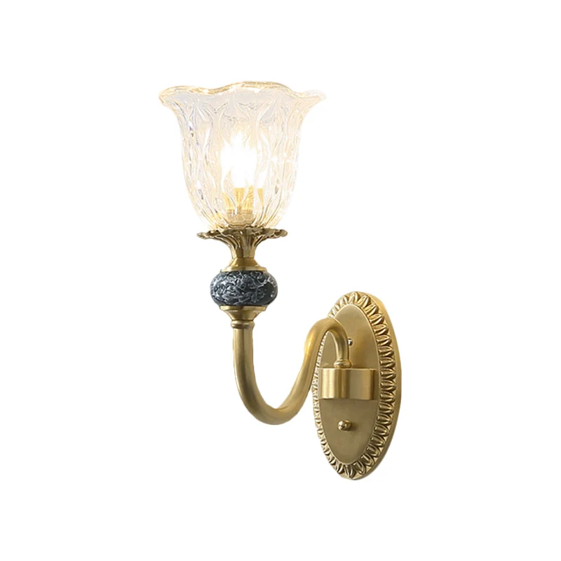1/2-kops wandlamp met bloemenmotief, klassieke stijl, messing, helder geribbeld glazen wandkandelaar, verlichting met neer...