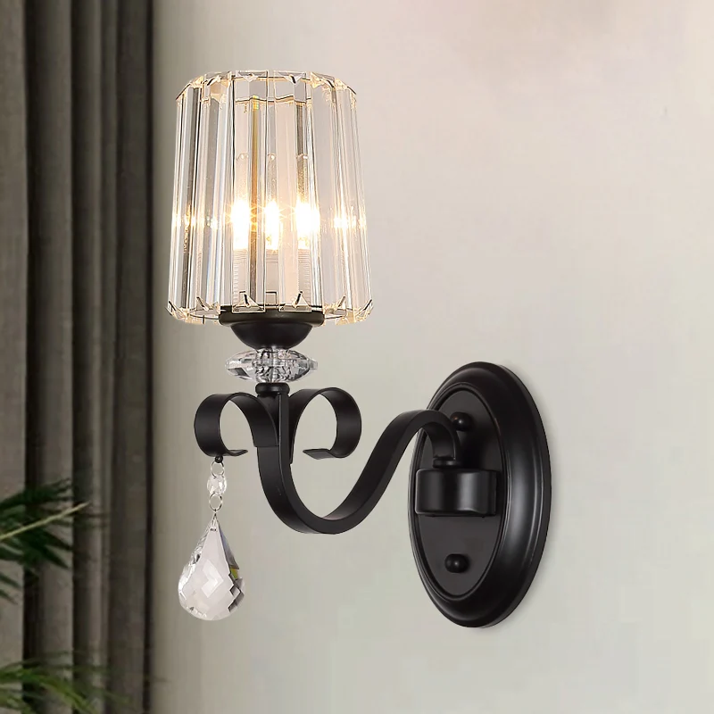 1/2-licht helder prismatische kristallen schans moderne zwarte cilinder woonkamer wandmontage lamp Clearhalo