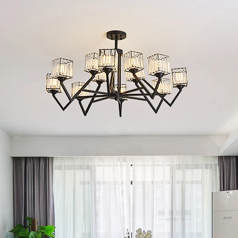12-lichts Crystal Block semi-inbouw modernisme zwarte kubus woonkamer plafondlamp met V-achtige arm Clearhalo