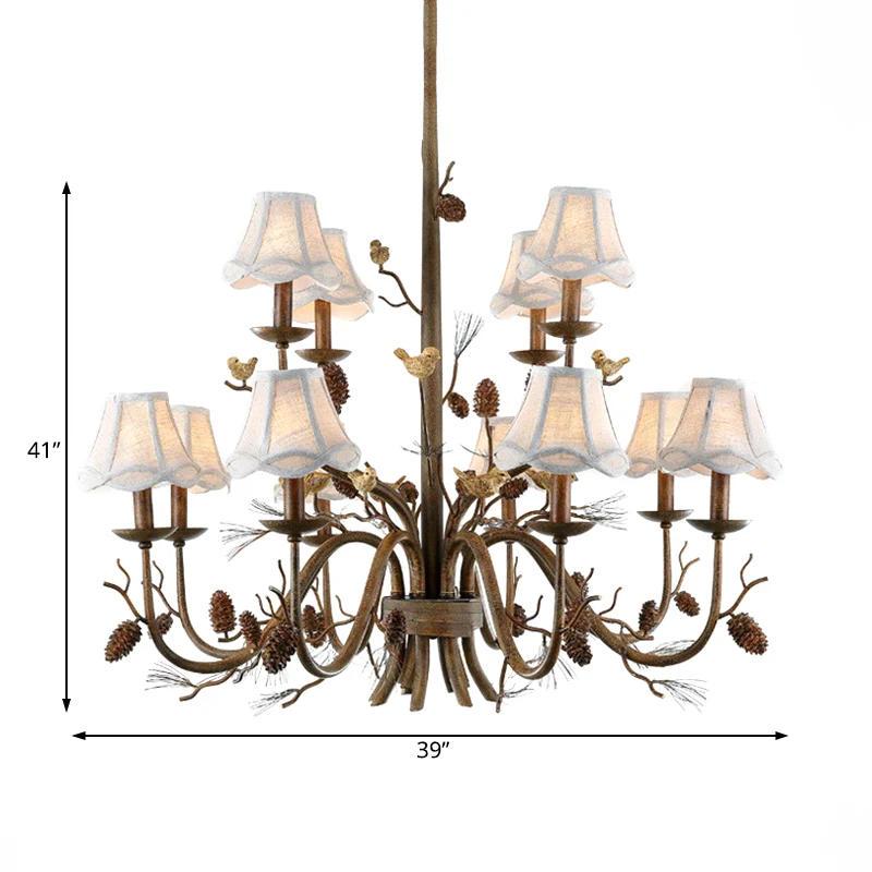 12-lichts geschulpte kroonluchter, rustieke bruine metalen hanglamp met witte stoffen kap Clearhalo