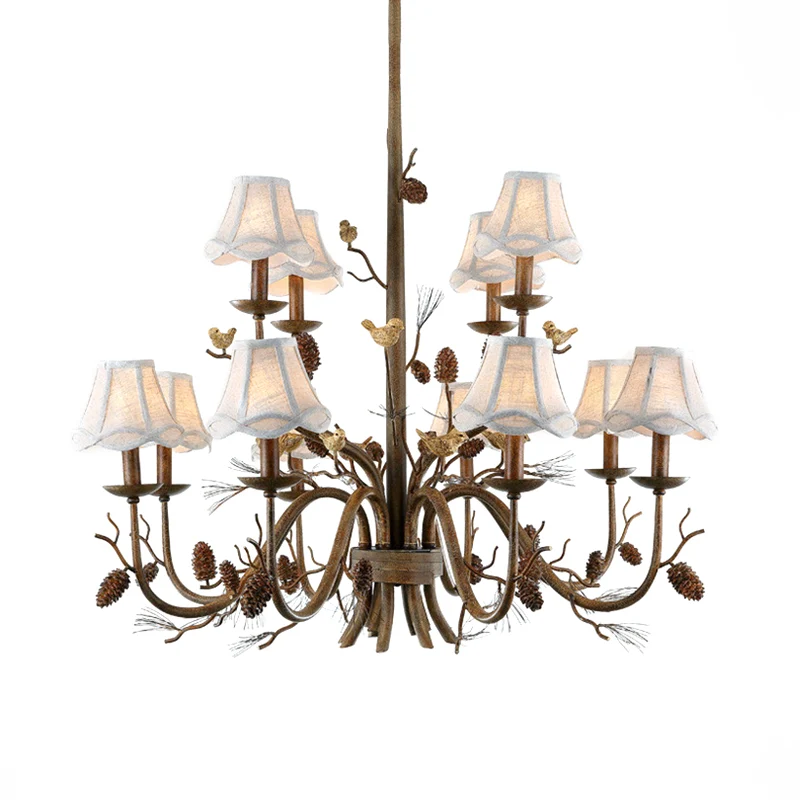 12-lichts geschulpte kroonluchter, rustieke bruine metalen hanglamp met witte stoffen kap Clearhalo