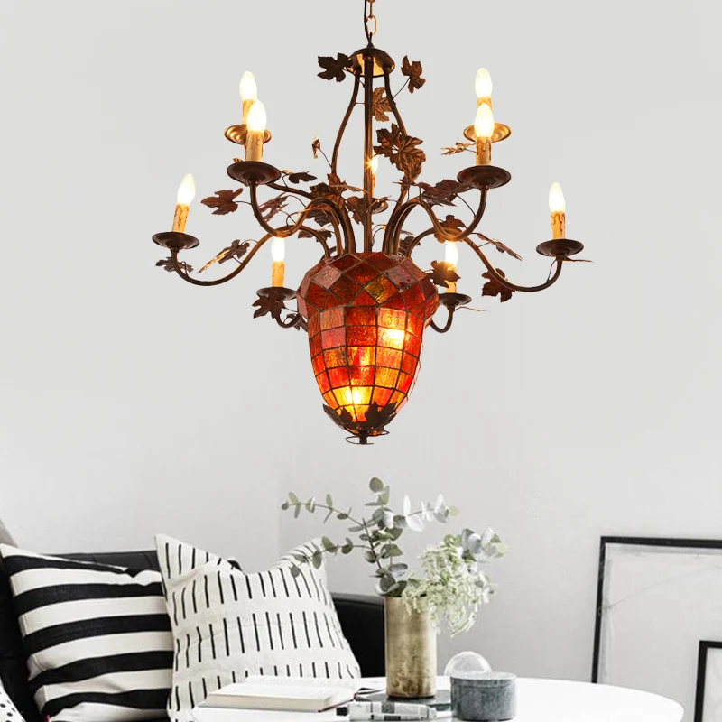12-lichts kaarskroonluchter rustiek bruin metalen hanglamp voor woonkamer met dennenappel Clearhalo