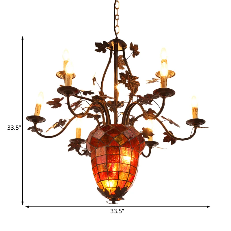 12-lichts kaarskroonluchter rustiek bruin metalen hanglamp voor woonkamer met dennenappel Clearhalo