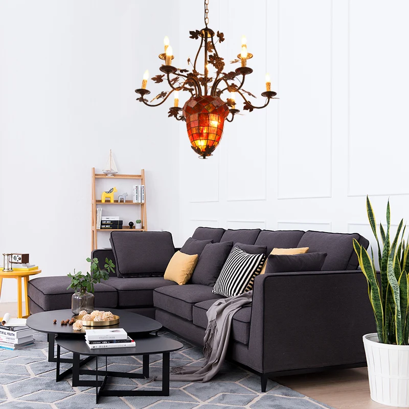 12-lichts kaarskroonluchter rustiek bruin metalen hanglamp voor woonkamer met dennenappel Clearhalo