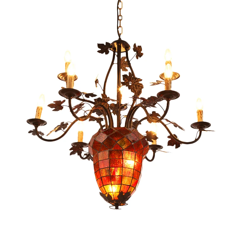 12-lichts kaarskroonluchter rustiek bruin metalen hanglamp voor woonkamer met dennenappel Clearhalo
