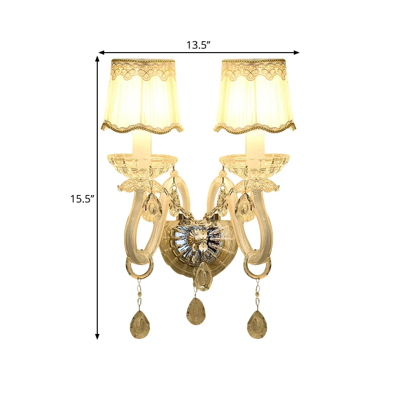 1/2-lichts kaarswandlamp Traditionele witte afwerking Helder kristallen wandlamp met geschulpte ton geplooide stoffen kap...