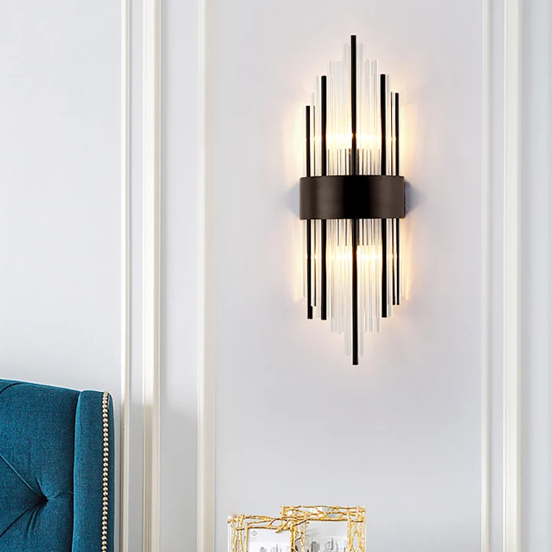 1/2-lichts metalen wandlamp modernisme zwarte afwerking lineaire schanslamp met helder prismakristal voor woonkamer Clearhalo