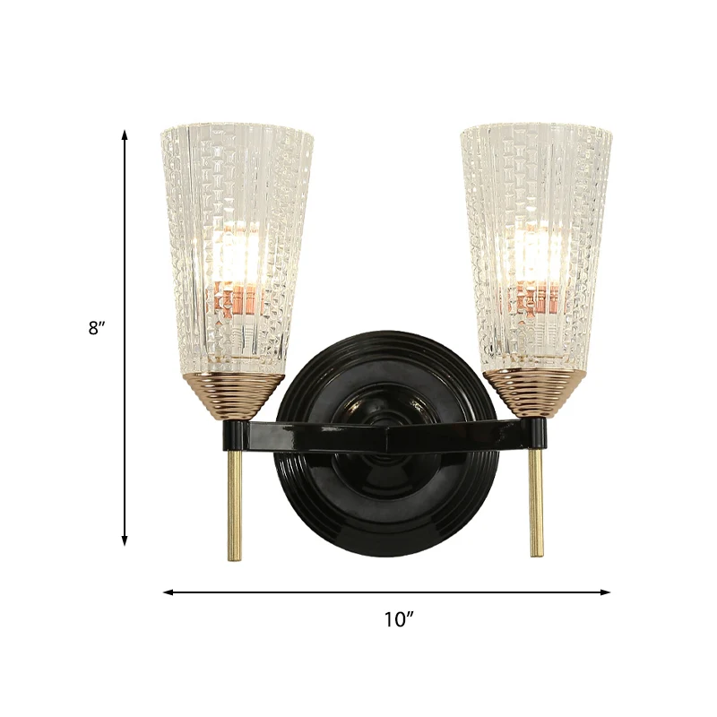 1/2-lichts wandgemonteerd licht Traditioneel conisch helder getextureerd glazen wandkandelaar zwart voor foyer Clearhalo