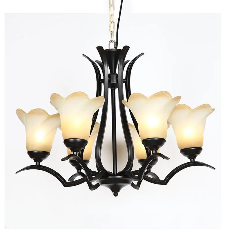 1/2-Tier Bloem Wit Glazen Kroonluchter Verlichting Traditionele 3/6/8 Lichten Zwart Woonkamer Hangende Plafondlamp Clearhalo