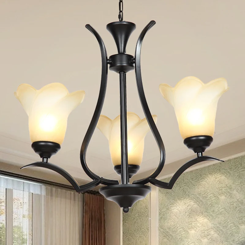 1/2-Tier Bloem Wit Glazen Kroonluchter Verlichting Traditionele 3/6/8 Lichten Zwart Woonkamer Hangende Plafondlamp Clearhalo