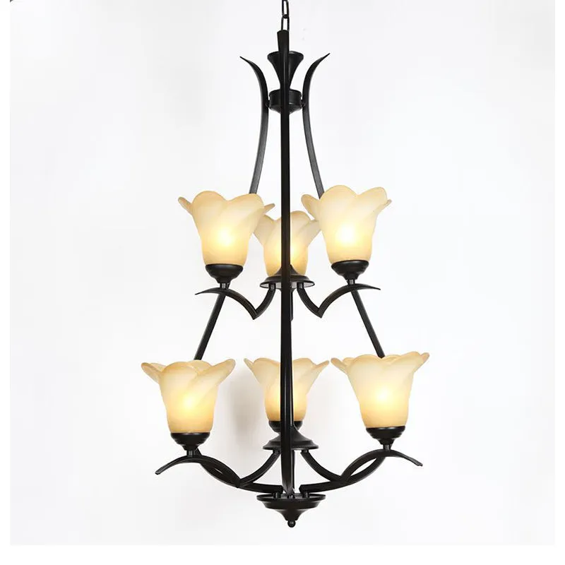 1/2-Tier Bloem Wit Glazen Kroonluchter Verlichting Traditionele 3/6/8 Lichten Zwart Woonkamer Hangende Plafondlamp Clearhalo