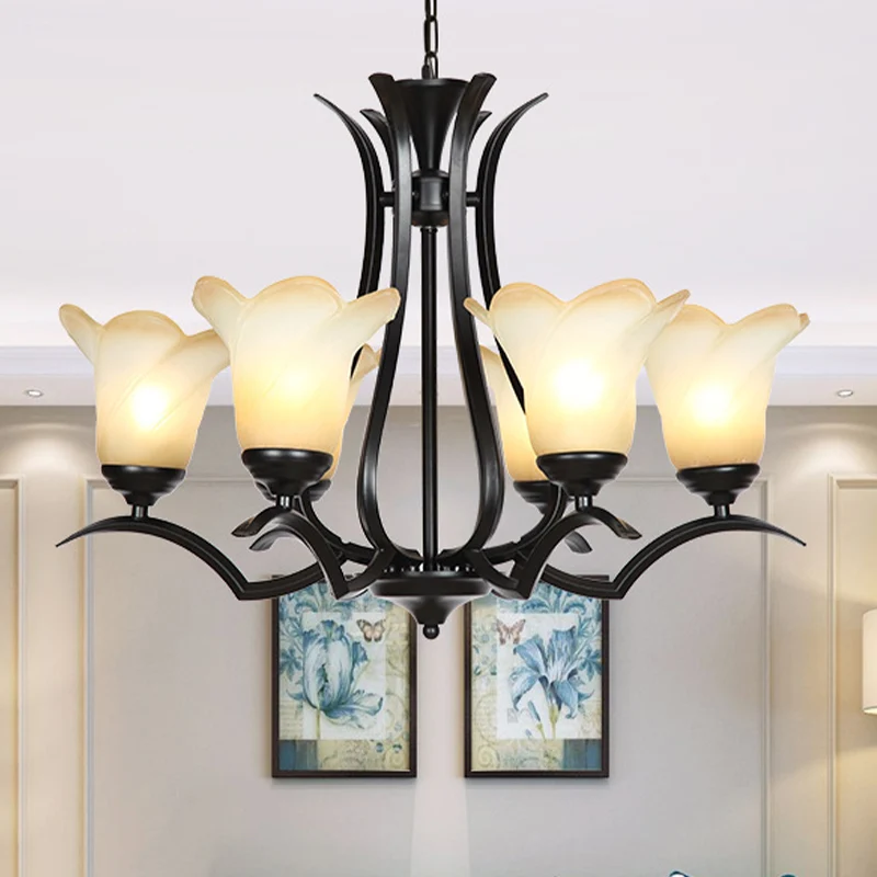 1/2-Tier Bloem Wit Glazen Kroonluchter Verlichting Traditionele 3/6/8 Lichten Zwart Woonkamer Hangende Plafondlamp Clearhalo
