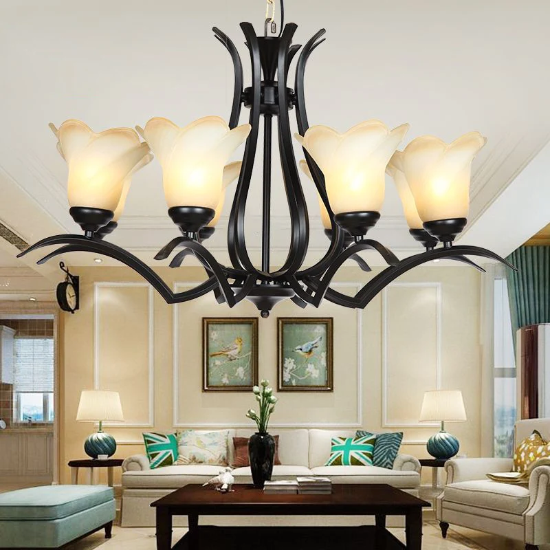 1/2-Tier Bloem Wit Glazen Kroonluchter Verlichting Traditionele 3/6/8 Lichten Zwart Woonkamer Hangende Plafondlamp Clearhalo