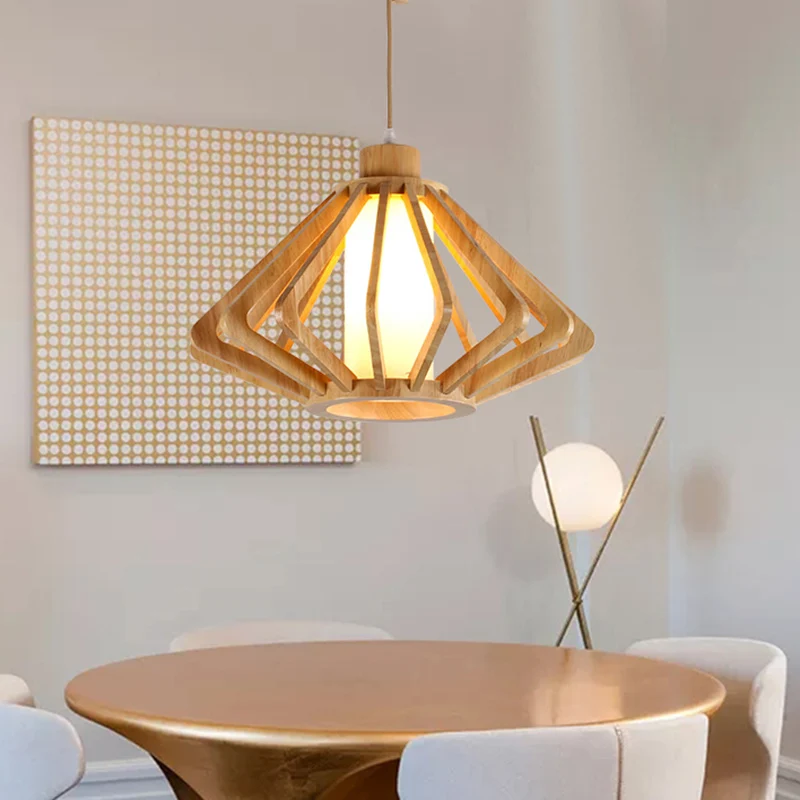 13"/17" breed houten diamant hangend lichtarmatuur modern 1-lamps druppellicht met cilinderglazen kap natuurlijk hout Clea...