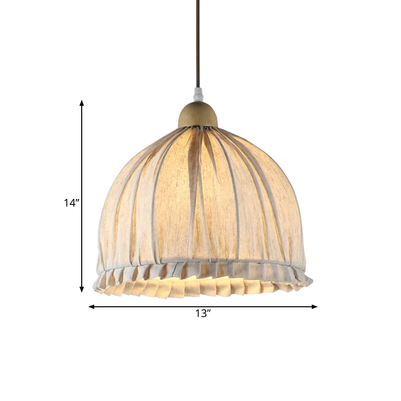 14"/16" W Bowl Stoffen Hangende Verlichtingsarmatuur Retro 1 Lichte Eetkamerhanger Crèmegrijs met Houten Blad Clearhalo