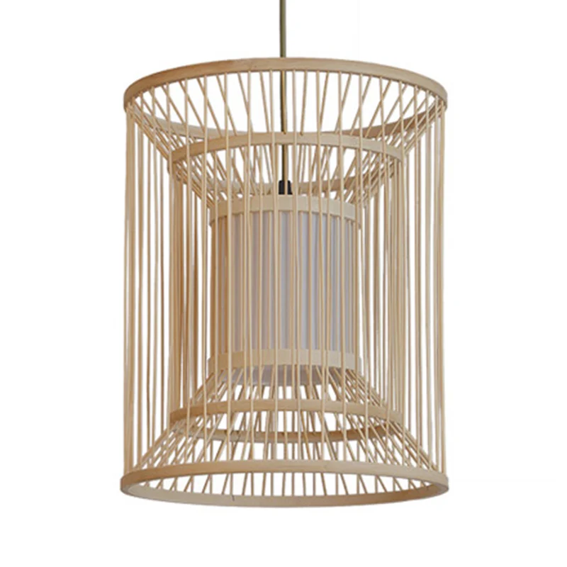 14"/16" brede cilinder hanglamp Aziatische stijl bamboe 1-licht beige hangende lamp voor eetkamer Clearhalo