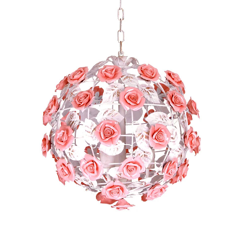 14"/16" W metaal roze hangende lichtarmatuur bal 1-kops romantische pastorale plafondlamp met rozendecor Clearhalo