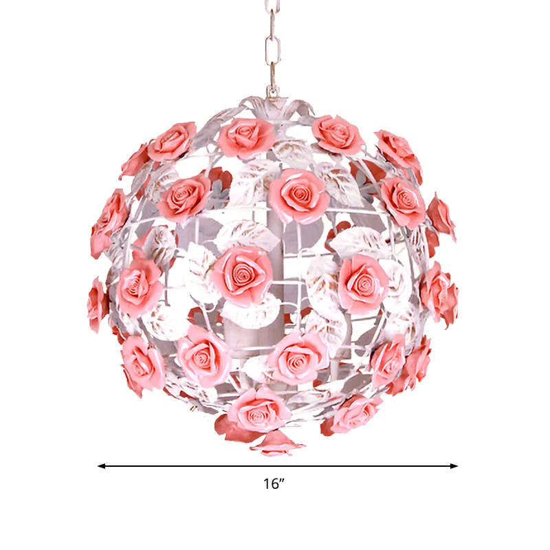 14"/16" W metaal roze hangende lichtarmatuur bal 1-kops romantische pastorale plafondlamp met rozendecor Clearhalo