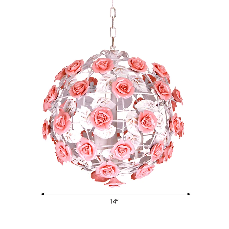 14"/16" W metaal roze hangende lichtarmatuur bal 1-kops romantische pastorale plafondlamp met rozendecor Clearhalo