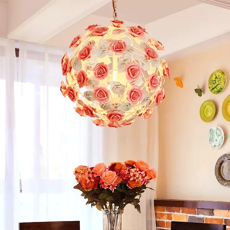 14"/16" W metaal roze hangende lichtarmatuur bal 1-kops romantische pastorale plafondlamp met rozendecor Clearhalo