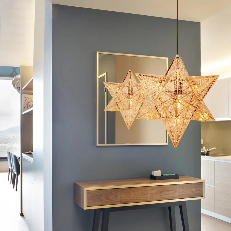 14"/18" brede geëtste ster hanglamp postmodern metaal 1 licht gouden hangende plafondlamp Clearhalo