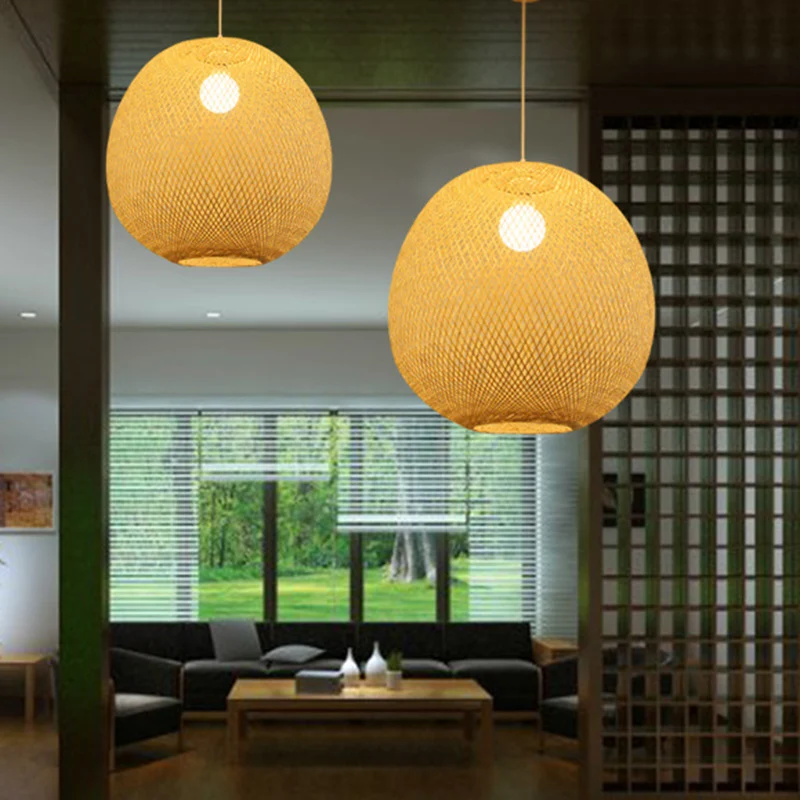 14"/18"/21,5" brede kogelplafondlamp moderne bamboe 1-lichts restaurant hanglamp beige Clearhalo