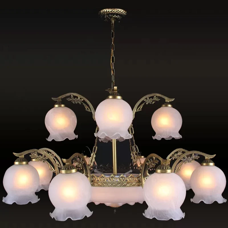 15-koppige kroonluchterverlichting Traditionele gelaagde bloemknop opaal matglazen hanglamp brons Clearhalo