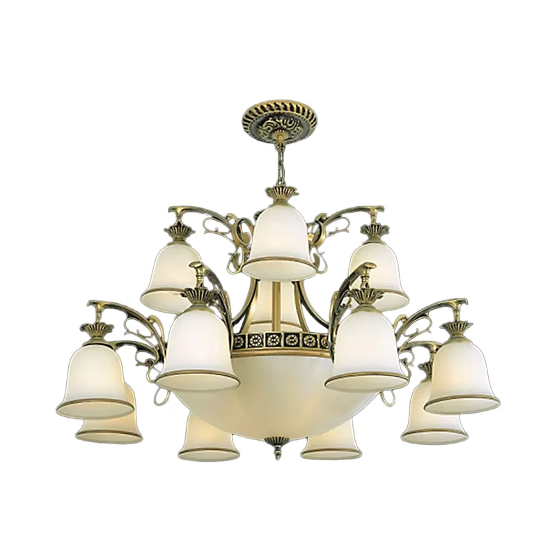 15-lichts kroonluchter rustieke woonkamer plafond hanglamp met gelaagde bel opaal glazen kap brons Clearhalo