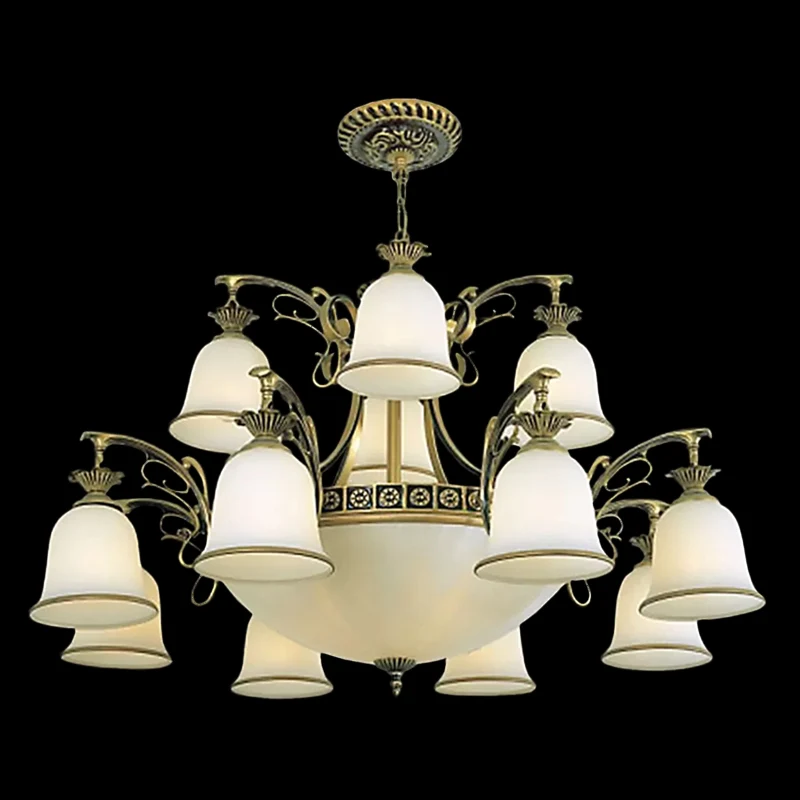 15-lichts kroonluchter rustieke woonkamer plafond hanglamp met gelaagde bel opaal glazen kap brons Clearhalo