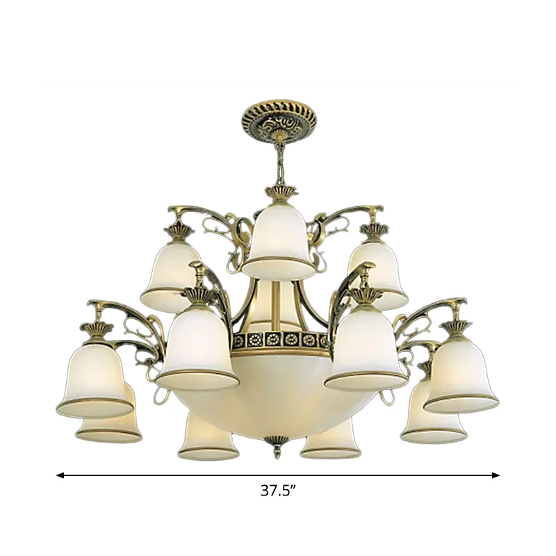 15-lichts kroonluchter rustieke woonkamer plafond hanglamp met gelaagde bel opaal glazen kap brons Clearhalo