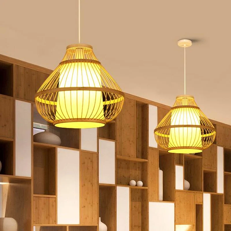 16"/18" W gebogen hangende lichtarmatuur Lodge-stijl bamboe 1 lichtbeige hanglamp voor eetkamer Clearhalo