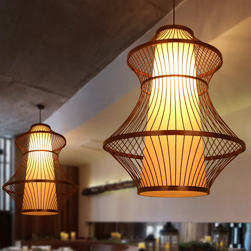 16"/19,5"/23,5" W 1-lamp bistro hanglamp Aziatisch bruin hanglampset met urn bamboe kap Clearhalo