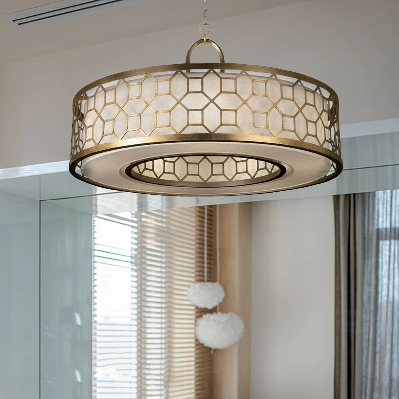 16"/19,5"/23,5" dia Chinese stijl trommelkroonluchter 3-lichts messing hangende plafondlamp goud Clearhalo