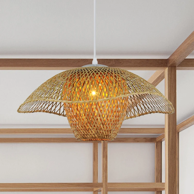 18"/21,5"/25,5" brede hoed ophanging hanger retro bamboe 1 lamp hout hangende lichtset voor tearoom Clearhalo
