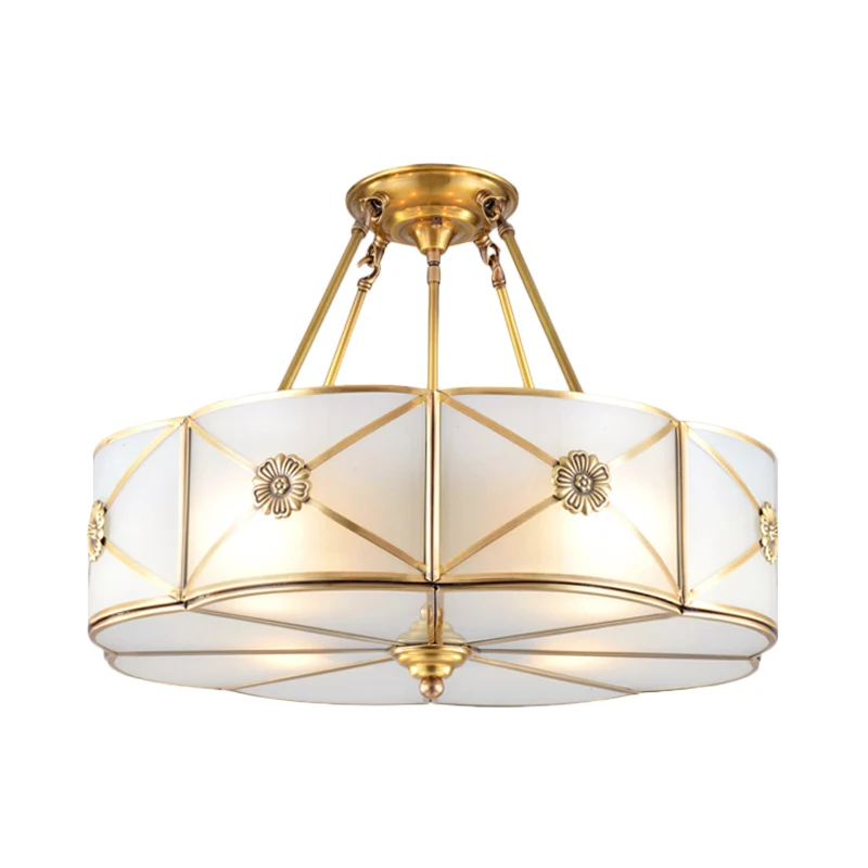 18"/23,5" brede trommel semi-inbouw traditioneel wit glas messing 4/6 lampen plafondmontage kroonluchter Clearhalo
