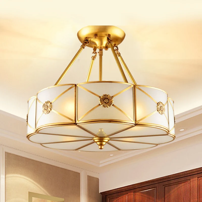 18"/23,5" brede trommel semi-inbouw traditioneel wit glas messing 4/6 lampen plafondmontage kroonluchter Clearhalo