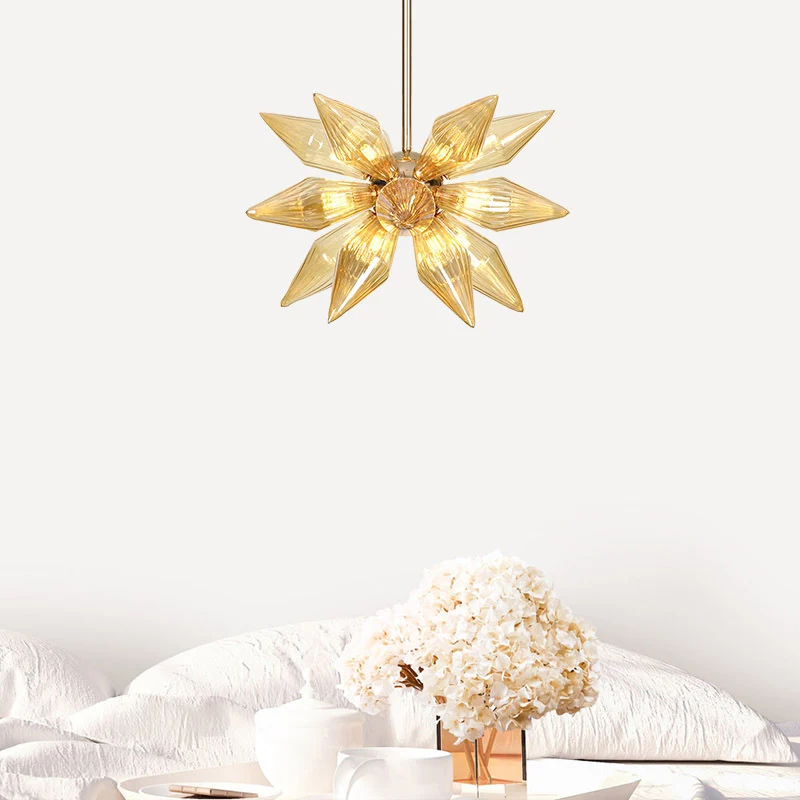 18-kops conische hangende kroonluchter moderne amberkleurige geribbelde glazen plafondhanglamp goud Clearhalo