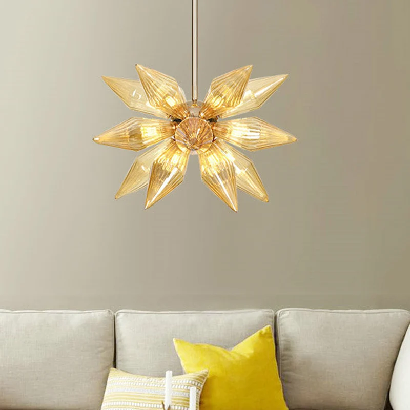 18-kops conische hangende kroonluchter moderne amberkleurige geribbelde glazen plafondhanglamp goud Clearhalo