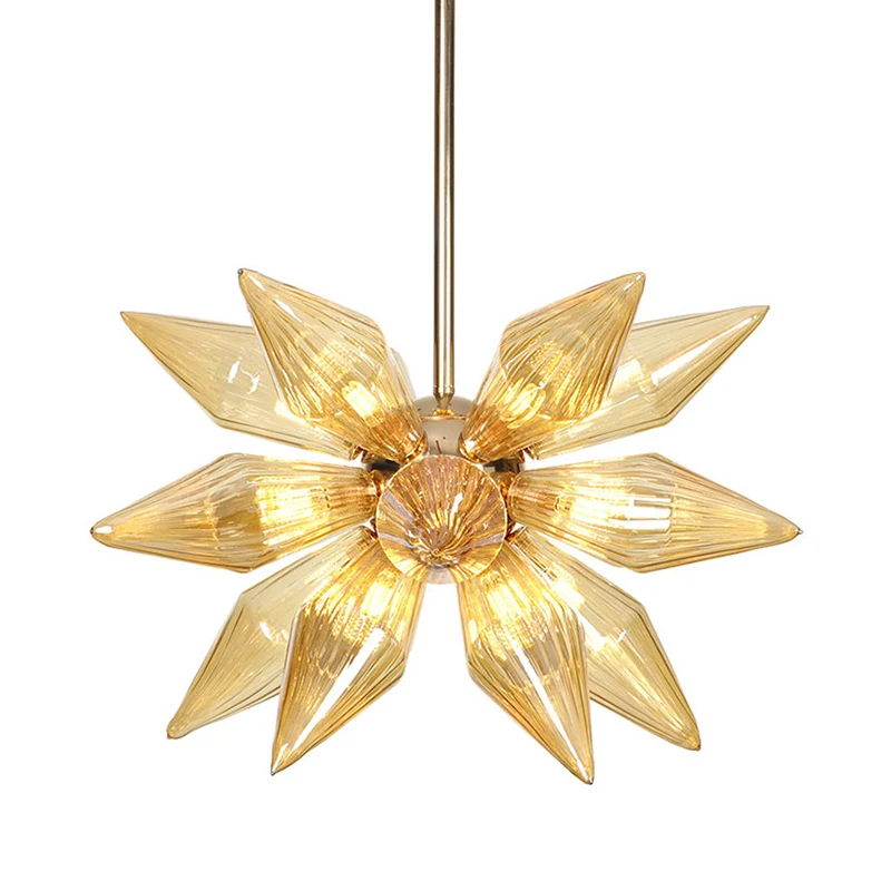 18-kops conische hangende kroonluchter moderne amberkleurige geribbelde glazen plafondhanglamp goud Clearhalo