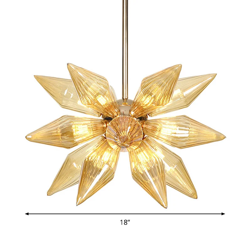 18-kops conische hangende kroonluchter moderne amberkleurige geribbelde glazen plafondhanglamp goud Clearhalo