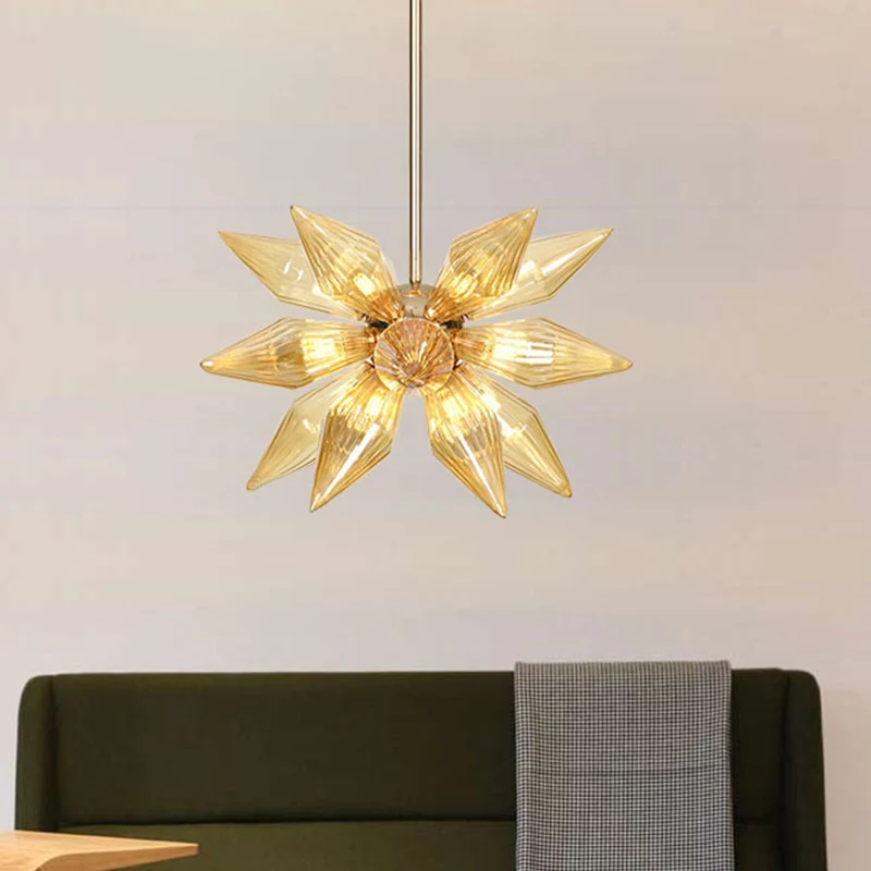 18-kops conische hangende kroonluchter moderne amberkleurige geribbelde glazen plafondhanglamp goud Clearhalo