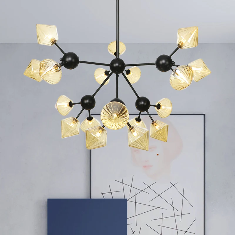 18-kops diamanten kroonluchterlamp modernisme amberkleurig glas hangende hanglamp zwart Clearhalo