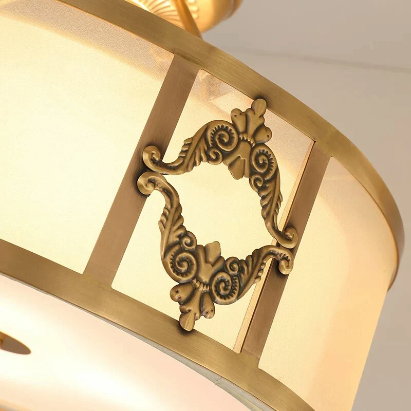 16 "/19,5" W Messing 3/4 Hoofden Semi Flush Light Retro Gezandstraald Glas Drum Plafondarmatuur voor Woonkamer Clearhalo