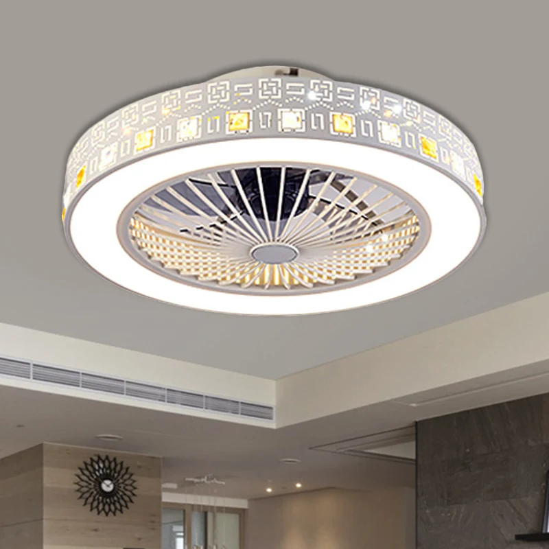 19,5"/21,5" W LED salon semi-inbouw modernisme chroom hangende ventilatorlamp met ronde acrylkap Clearhalo