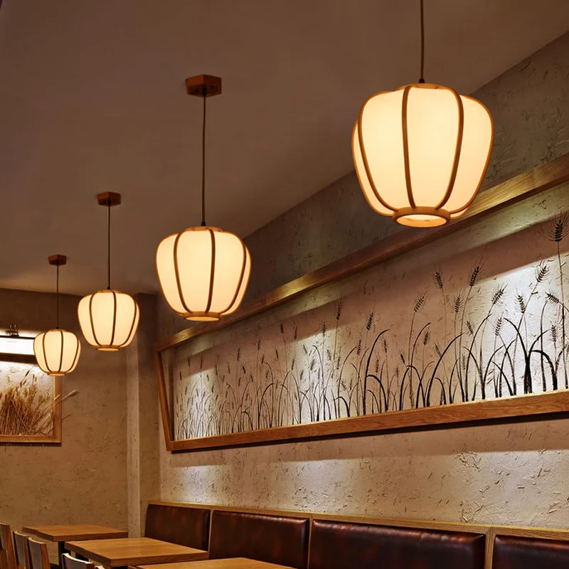 1-koppige restaurantplafondlamp Aziatisch beige hangende hanglamp met lantaarnhouten kap Clearhalo
